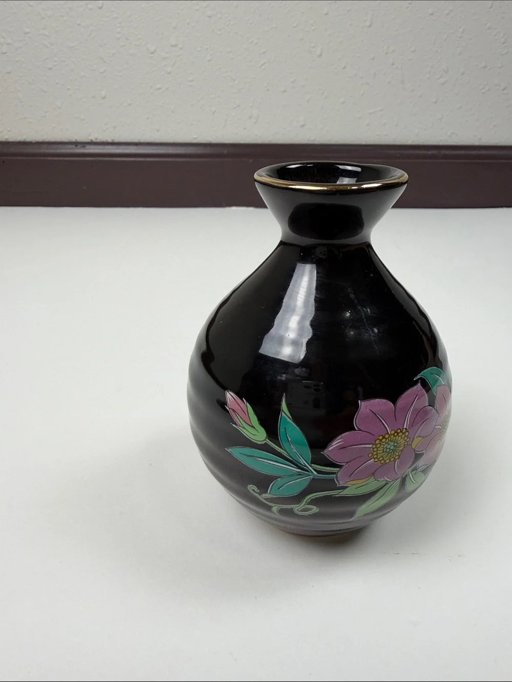 Vintage Black Floral Bud Vase Japan Hand Painted Pink Flowers Gold Trim Ceramic